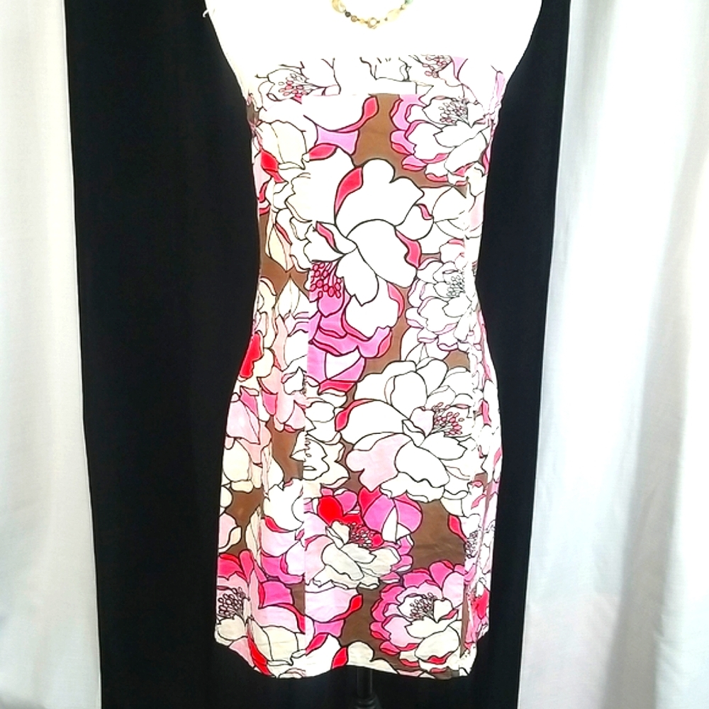 Aqua Blues Strapless Floral Pattern Pink Summer Dress. M